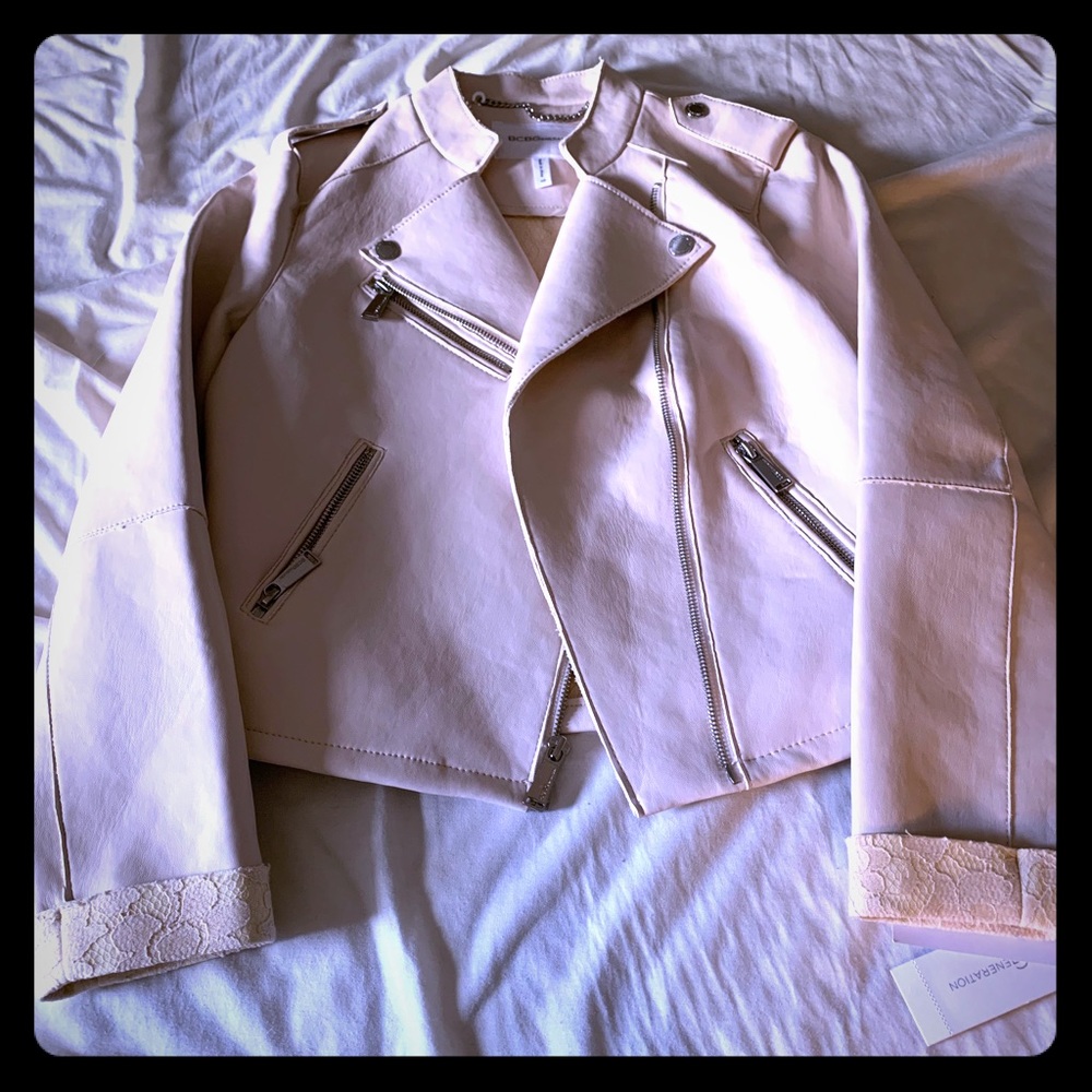 Beautiful cream BCBG pleather and lace jacket 🧥